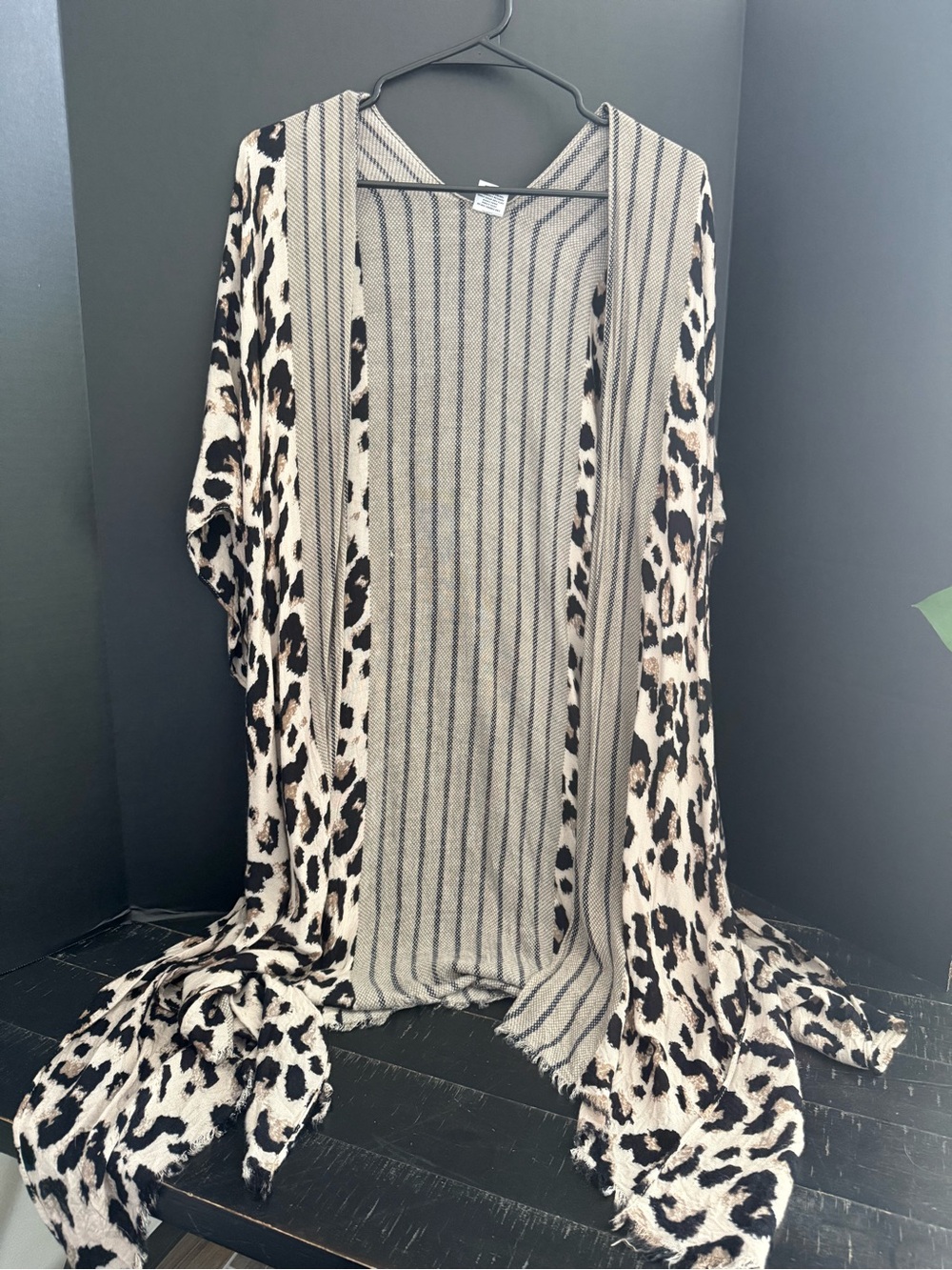 Anna & Ava Leopard Print and Striped Lightweight Wrap in Black and Cream